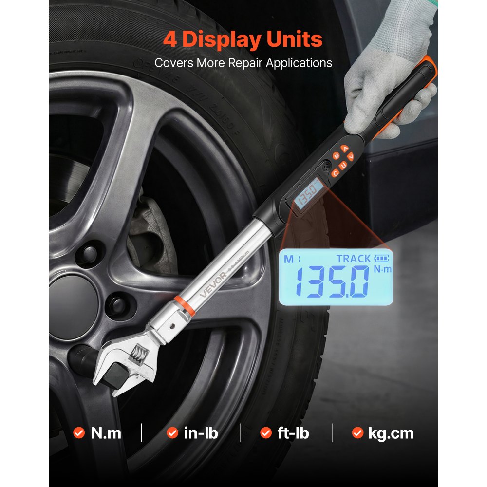VEVOR Chiave Dinamometrica Digitale Apertura Ganasce Regolabile 0 a 38 mm, Caccivite Dinamometrica 4 Unità di Visualizzazione, Schermo LCD, con Cicalino e Indicatore LED, per Riparazioni Tubi e Auto
