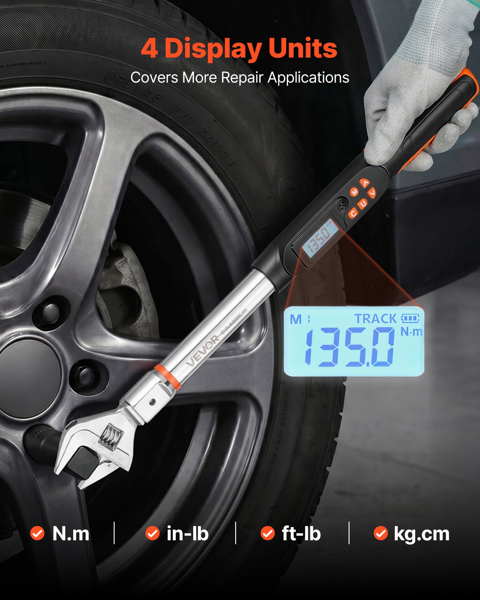 VEVOR Chiave Dinamometrica Digitale Apertura Ganasce Regolabile 0 a 38 mm, Caccivite Dinamometrica 4 Unità di Visualizzazione, Schermo LCD, con Cicalino e Indicatore LED, per Riparazioni Tubi e Auto