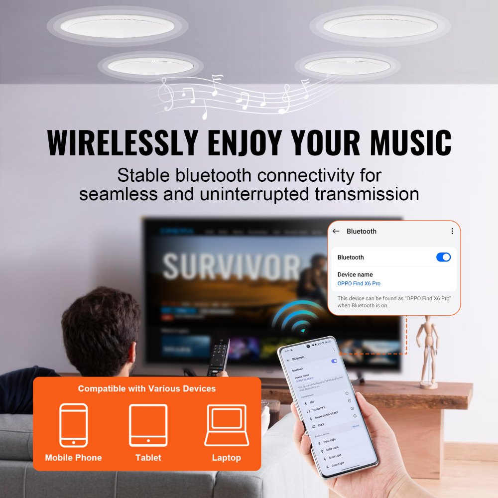 VEVOR Altoparlanti da Soffitto Bluetooth da 17 cm, 150 W, Sistema di Altoparlanti da Incasso a Soffitto e da Incasso con Impedenza 8Ω Sensibilità 89 dB, Casa Cucina Soggiorno Esterne Coperte 4 Pezzi