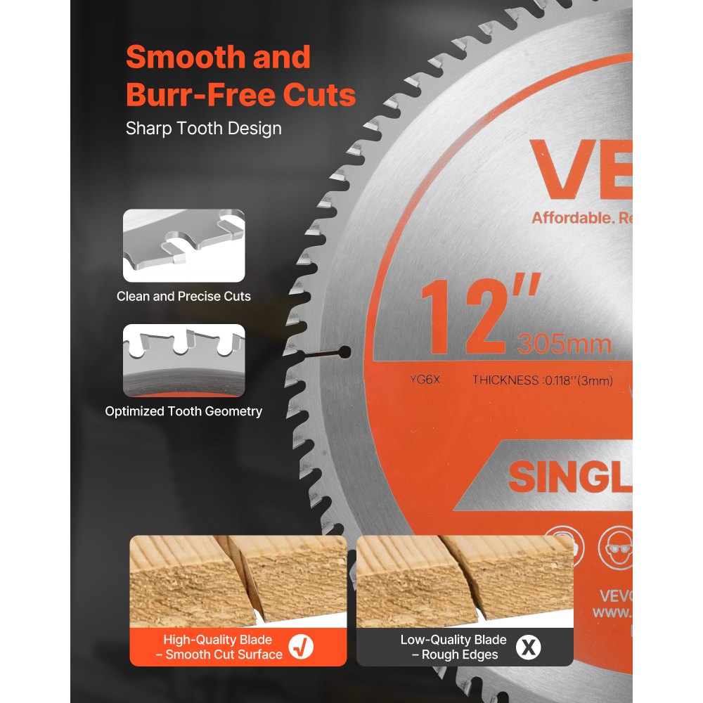 VEVOR Circular Saw Blade, 305 mm Diameter, 80 Sharp Alloy Teeth, 25.4 mm Arbor, Fine Finish, Wood Cutting Blade for Circular Saw, with Noise-Reducing Heat Vents, for Cutting Plywood, OSB, Hardwood