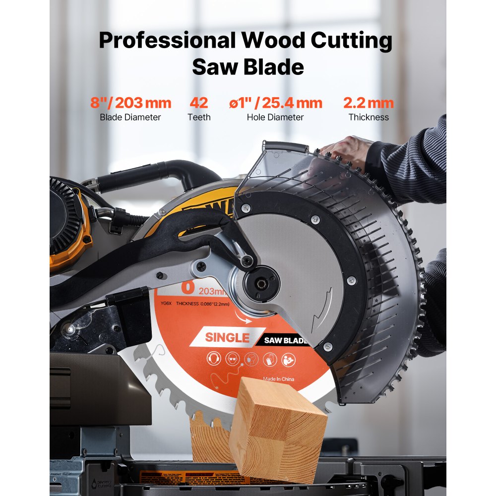 VEVOR Circular Saw Blade, 203 mm Diameter, 42 Sharp Alloy Teeth, 25.4mm Arbor, Fine Finish, Wood Cutting Blade for Circular Saw, with Noise-Reducing Heat Vents, for Cutting Plywood, OSB, and Hardwood