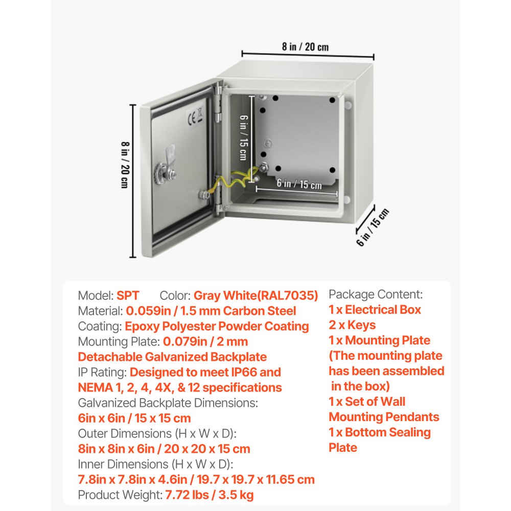 VEVOR Custodia in acciaio NEMA, scatola elettrica in acciaio NEMA 4X, 20x20x15 cm, IP66 impermeabile e antipolvere, scatola di giunzione elettrica per esterni/interni