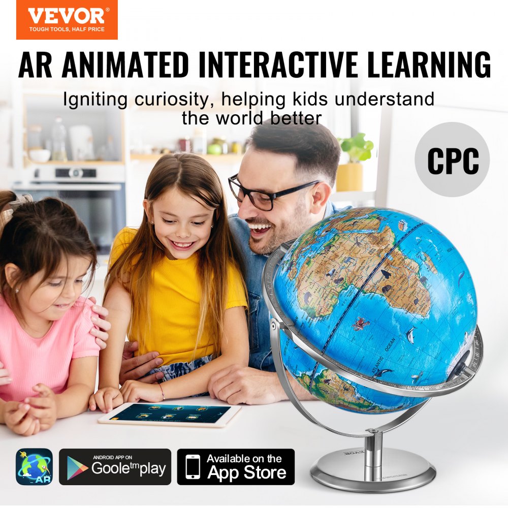 VEVOR Mappamondo Educativo per Bambini, Mappamondo AR Interattivo con APP AR Golden Globe, Illuminazione Notturna a LED Girevole, Regali Giocattolo STEM per Bambini, Compatibile Android IOS, 254 mm (Lingua della mappa: inglese)