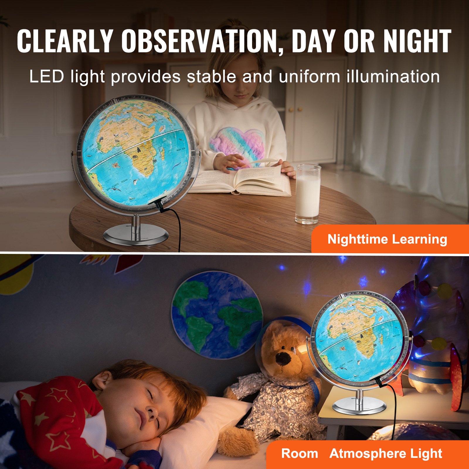 VEVOR Mappamondo Educativo per Bambini, Mappamondo AR Interattivo con APP AR Golden Globe, Illuminazione Notturna a LED Girevole, Regali Giocattolo STEM per Bambini, Compatibile Android IOS, 254 mm (Lingua della mappa: inglese)