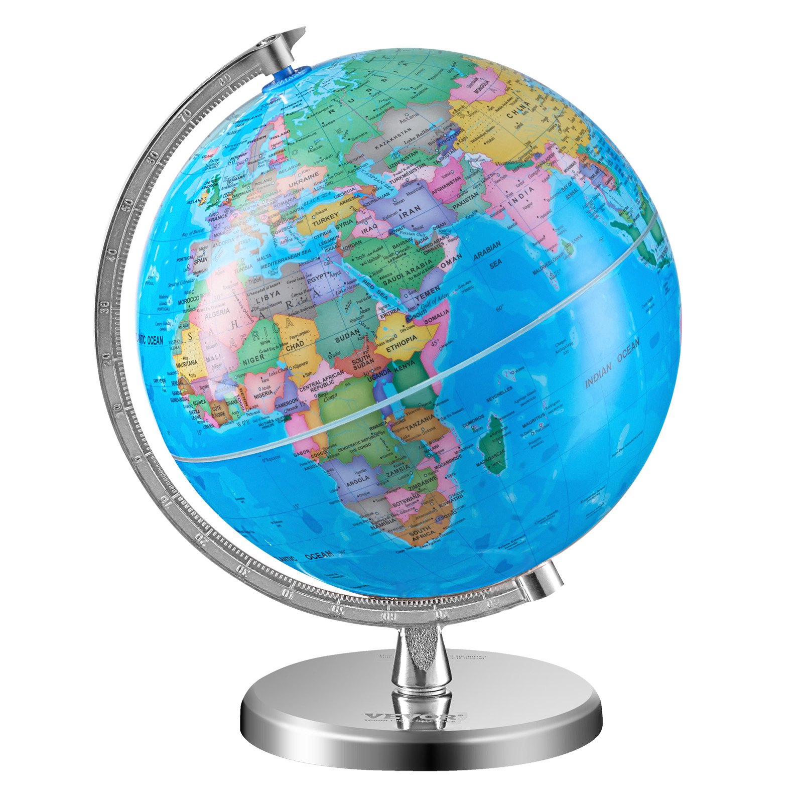 VEVOR World Globe with Stand, 203.2 mm, Educational Geographical Globe with Precise Time Zone, ABS Material, 360° Rotating Globe for Children Learning Geography in the Classroom