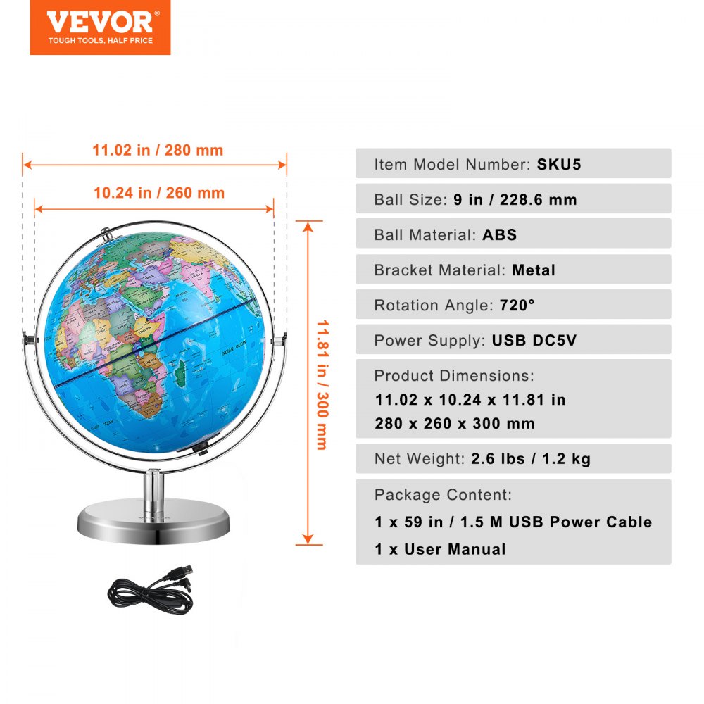 VEVOR Illuminated Globe, 228.6 mm, Educational Earth Globe with Stable Heavy Metal Base and LED Constellation Night Light, HD Printed Map, Rotatable for Children's Classroom Learning