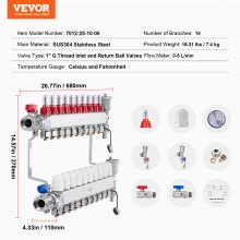 VEVOR Collettore Riscaldamento Radiante 10 Rami Tubi PEX 12,7 mm Set Collettore