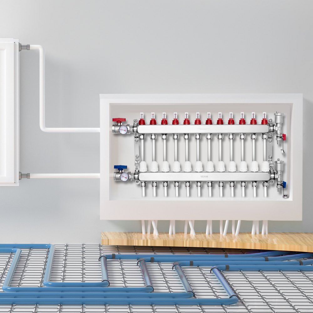 VEVOR Collettore di Riscaldamento Radiante a 12 Rami, Collettore per Tubi PEX da 12,7 mm in Acciaio Inossidabile PEX, con Adattatori da 12,7 mm, per Pavimento Radiante Idronico, Kit Collettore PEX