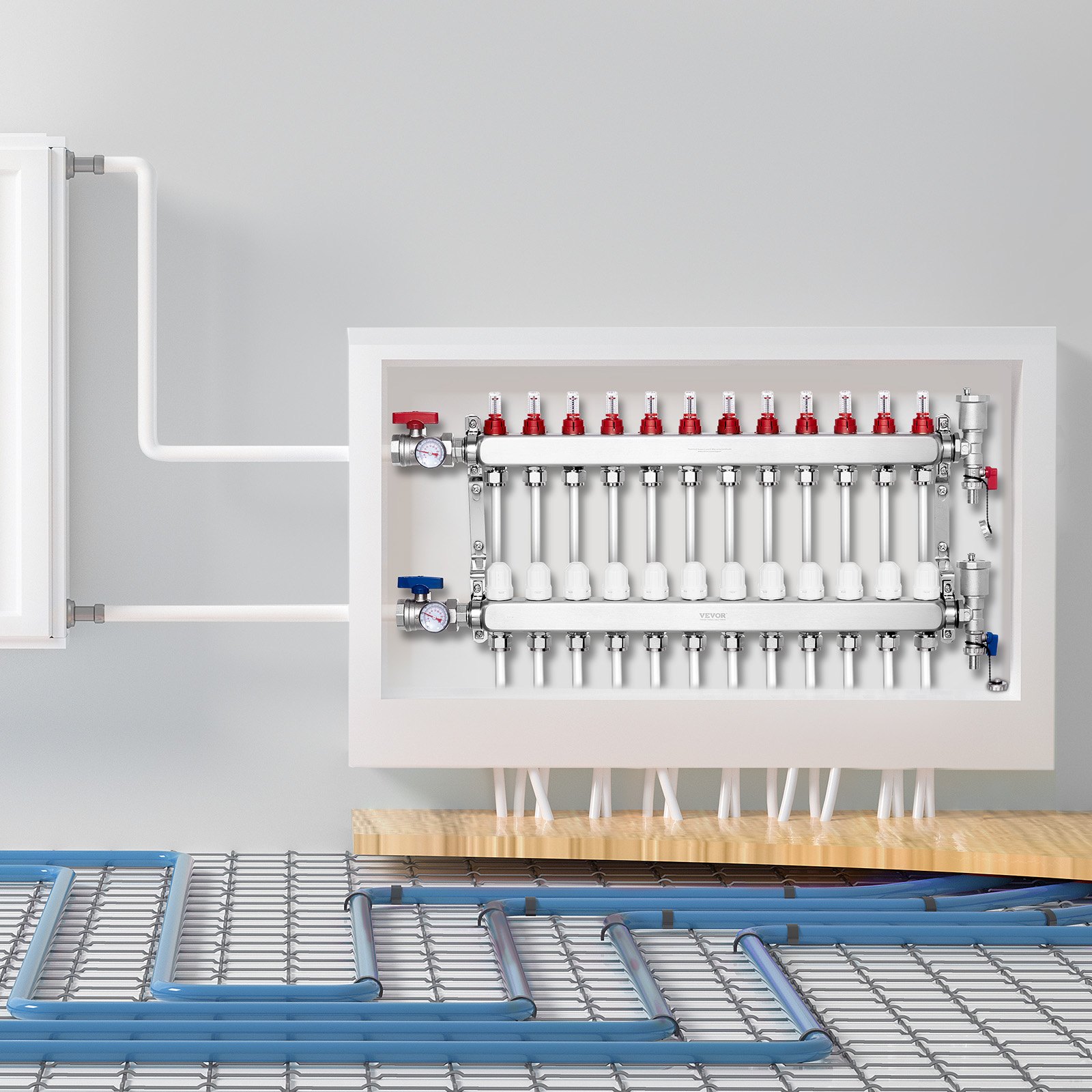 VEVOR Collettore di Riscaldamento Radiante a 12 Rami, Collettore per Tubi PEX da 12,7 mm in Acciaio Inossidabile PEX, con Adattatori da 12,7 mm, per Pavimento Radiante Idronico, Kit Collettore PEX