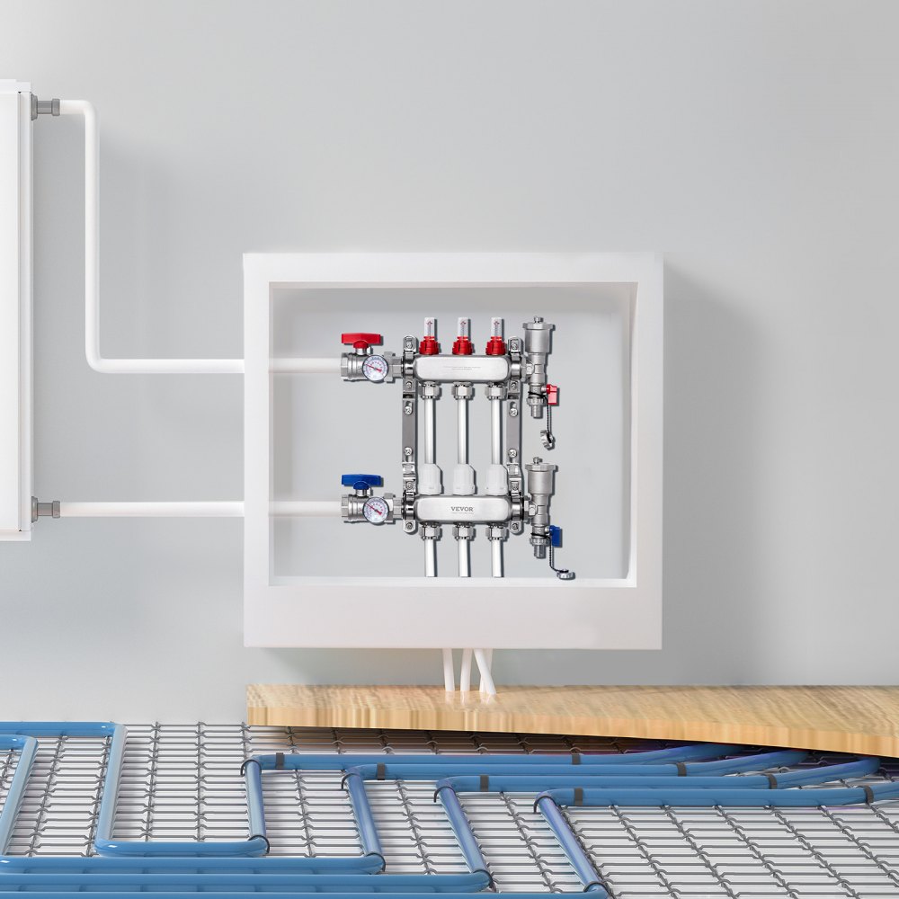 VEVOR Collettore di Riscaldamento Radiante a 3 Rami, Collettore per Tubi PEX da 12,7 mm in Acciaio Inossidabile PEX, con Adattatori da 12,7 mm, per Pavimento Radiante Idronico, Kit Collettore PEX