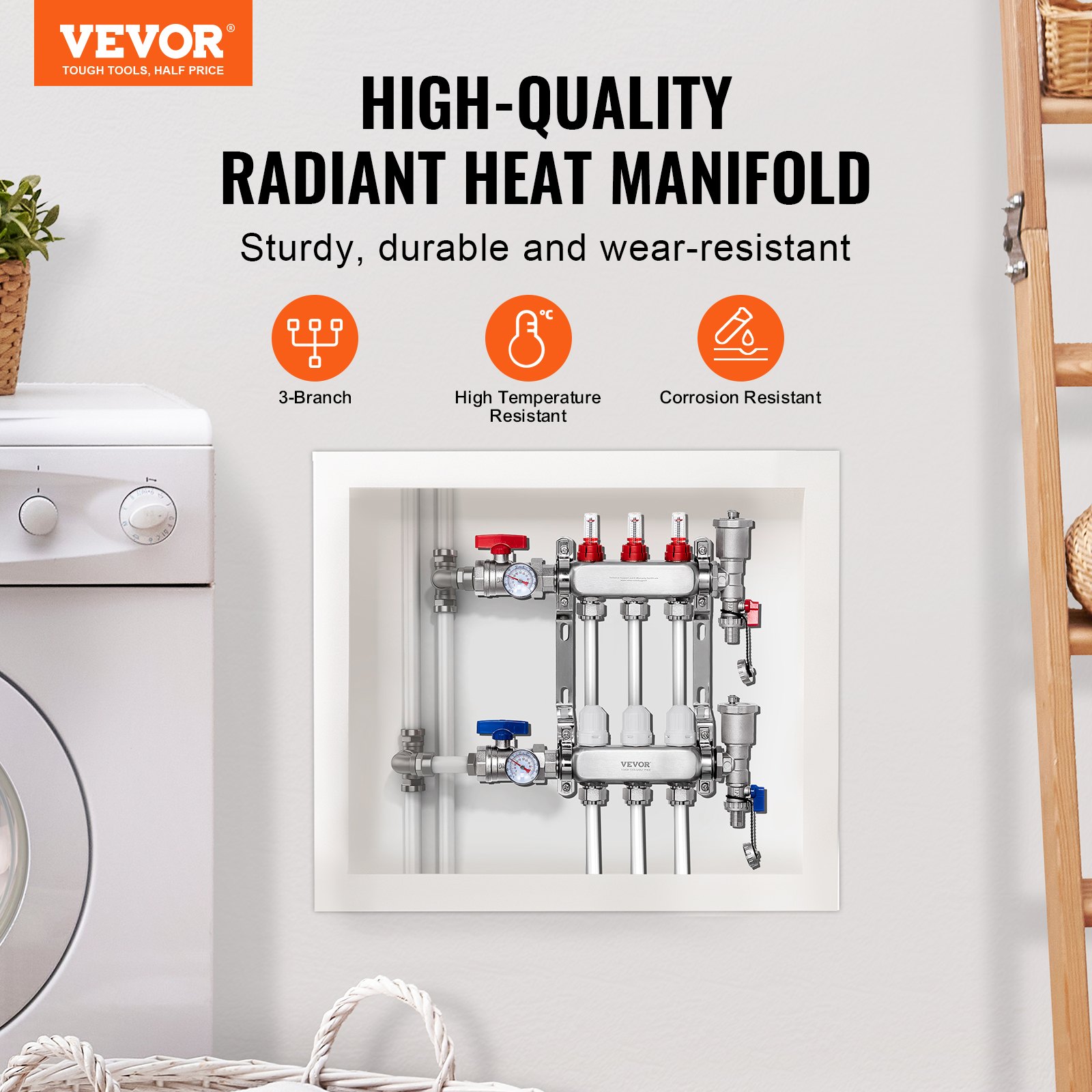 VEVOR Collettore di Riscaldamento Radiante a 3 Rami, Collettore per Tubi PEX da 12,7 mm in Acciaio Inossidabile PEX, con Adattatori da 12,7 mm, per Pavimento Radiante Idronico, Kit Collettore PEX