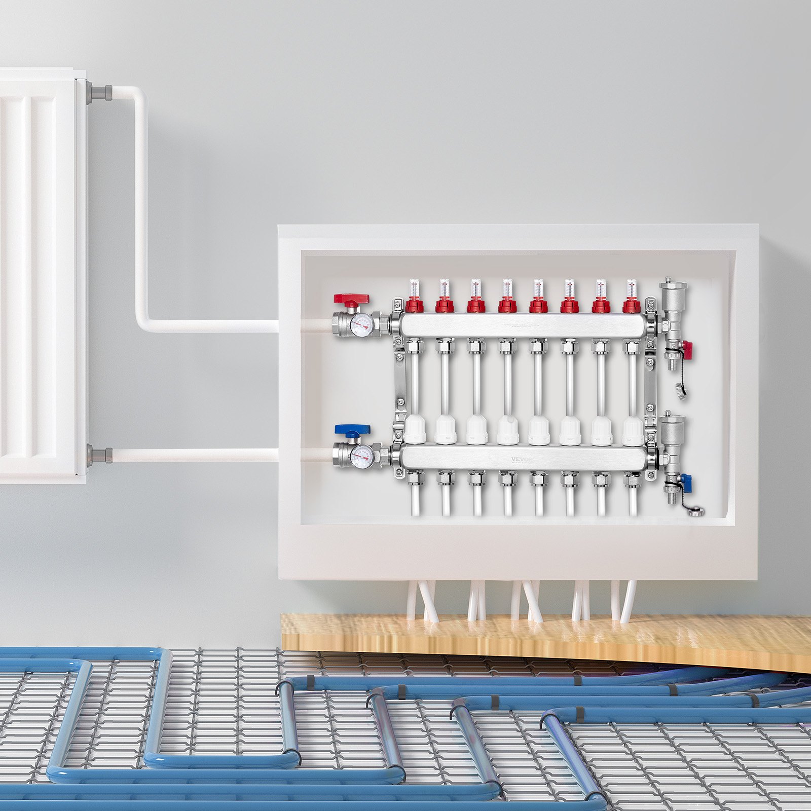 VEVOR Collettore di Riscaldamento Radiante a 8 Rami, Collettore per Tubi PEX da 12,7 mm in Acciaio Inossidabile PEX, con Adattatori da 12,7 mm, per Pavimento Radiante Idronico, Kit Collettore PEX