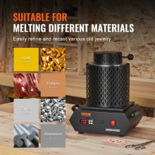 VEVOR Forno di Fusione per Oro 1350 W, Temperatura max. 1150 ℃, Forno Fusorio Elettrico con Crogiolo in Ceramica da 1kg e 3 kg, Lavorazione Raffinazione di Metalli