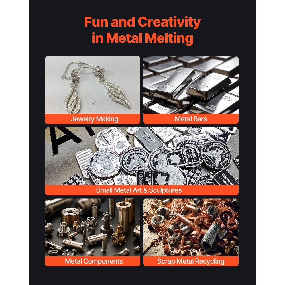 VEVOR Forno di Fusione Elettrico, 1350 W Macchina per Fusione di Metalli da 1150 ℃ con Crogiolo in Ceramica da 3 kg, Kit per Oro per la Creazione di Gioielli, Barre di Metallo, Componenti Metallici