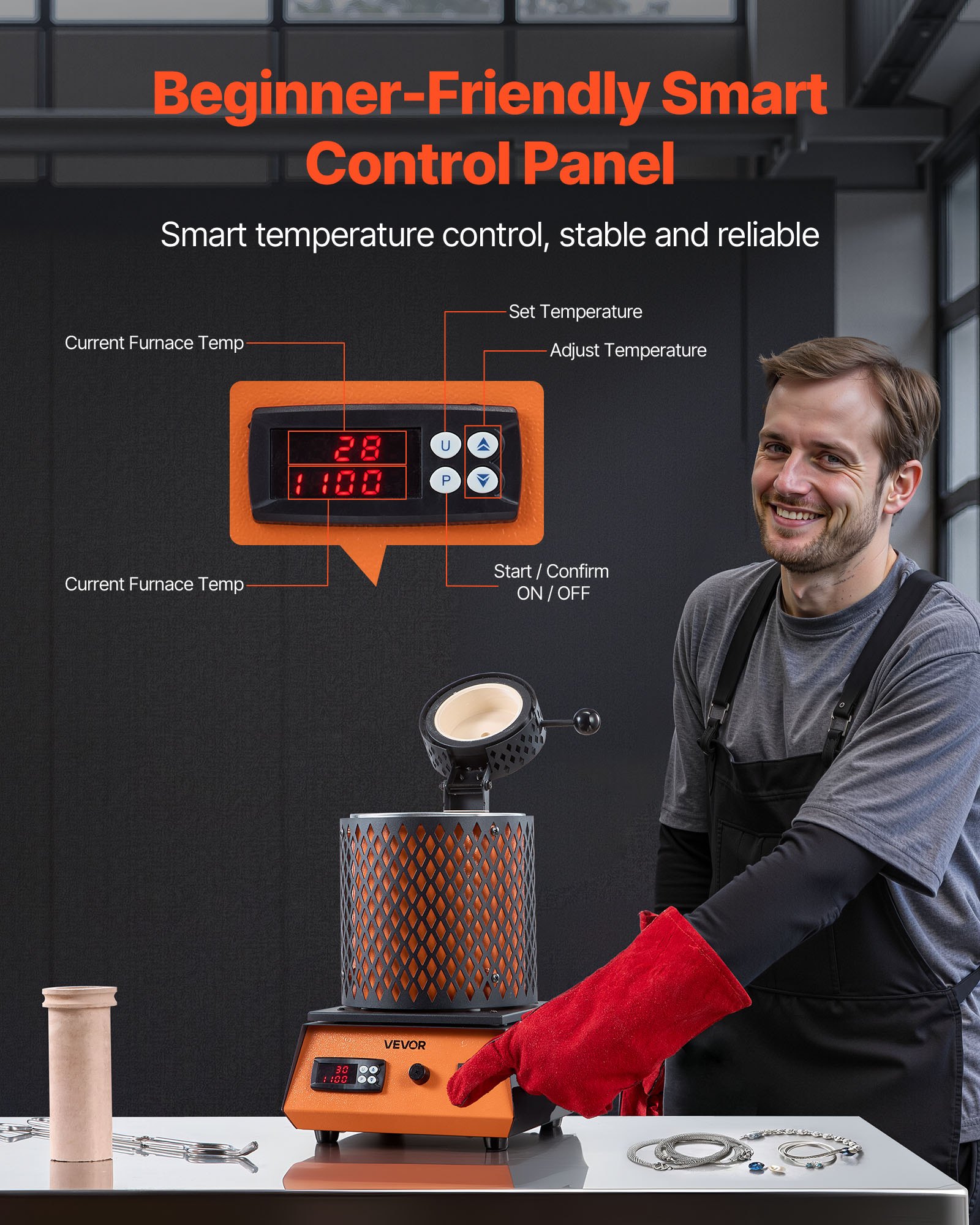 VEVOR Forno di Fusione Elettrico, 1350 W Macchina per Fusione di Metalli da 1150 ℃ con Crogiolo in Ceramica da 3 kg, Kit per Oro per la Creazione di Gioielli, Barre di Metallo, Componenti Metallici