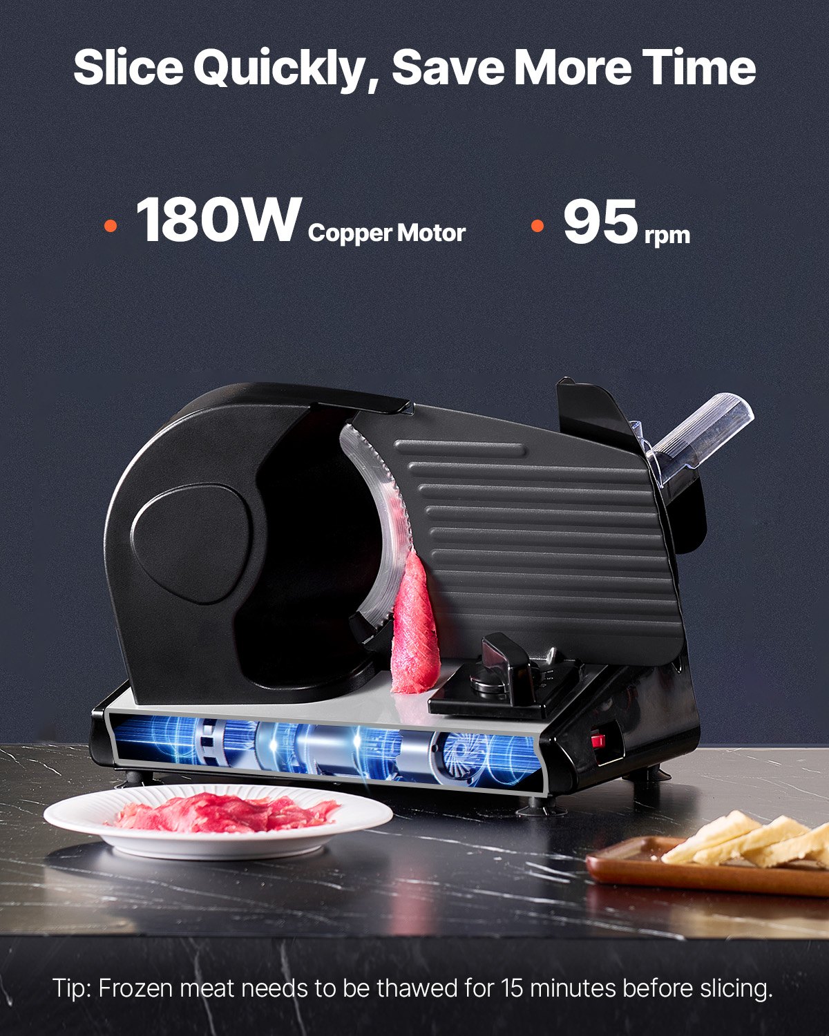 VEVOR Tagliacarne Elettrico 180 W Affettatrice Carne Surgelata, 2 Lame in Acciaio Inossidabile di Alta Qualità, 95 Giri al Minuto, Spessore Regolabile 0-15 mm, Affettatrice Elettrica per Carne, Pane