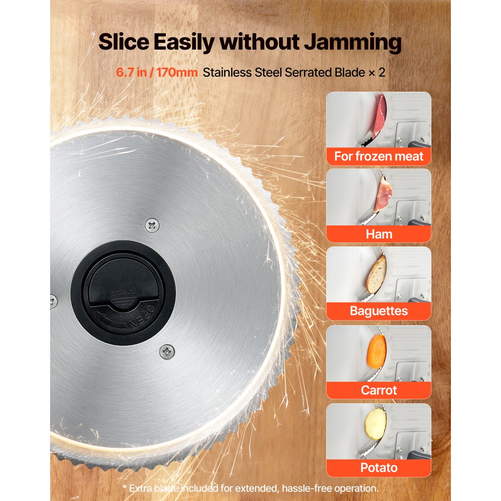 VEVOR Affettatrice Elettrica per Carne Congelata per Casa da 150 W con Lama da 17 cm, Affettatrice con Spessore Regolabile da 0 a 15 mm, per Carne Congelata, Prosciutto, Bistecca di Prima Qualità