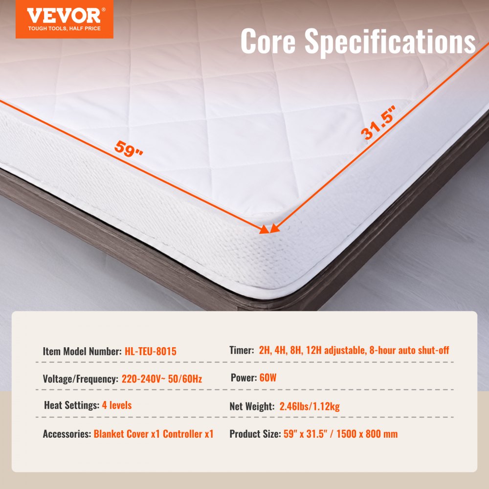VEVOR Coprimaterasso Riscaldato, 150 x 80 cm, Scaldaletto Elettrico con Controllo 4 Impostazioni Calore, Timer 12 Ore, Spegnimento Automatico Dopo 8 Ore, Lenzuola per Materasso con Tasca Elastica