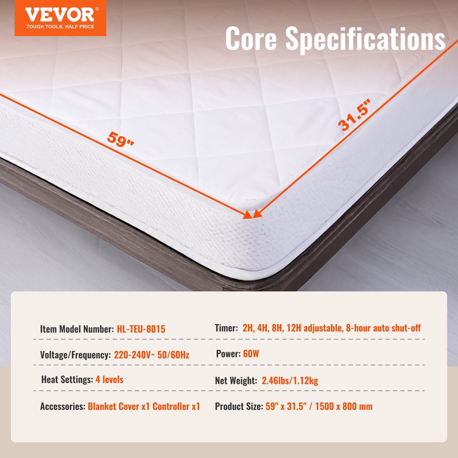 VEVOR Heated Mattress Topper, 150 x 80 cm, Bed Warmer with 4 Heat Settings, 12-Hour Timer, 8-Hour Automatic Shut-Off, Elastic Pockets All Around, Mattress Topper Made of Brushed Fabric