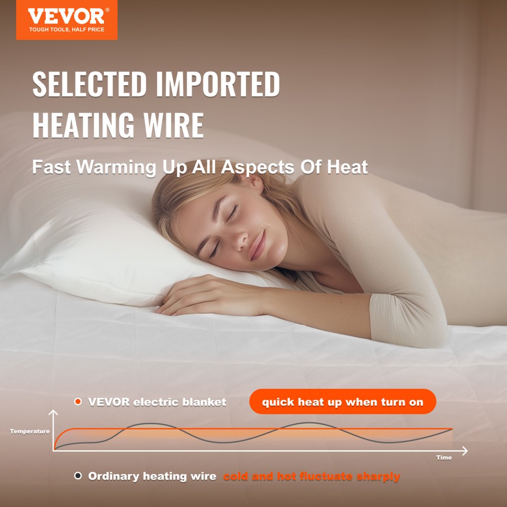 VEVOR Electric Heated Blanket, 195 x 165 cm, Queen-Size Bed Warmer, with 4 Heat Settings, 12-Hour Timer, 8-Hour Automatic Shut-Off, Elastic Pockets All Around, Mattress Protectors Made of Brushed Fabric
