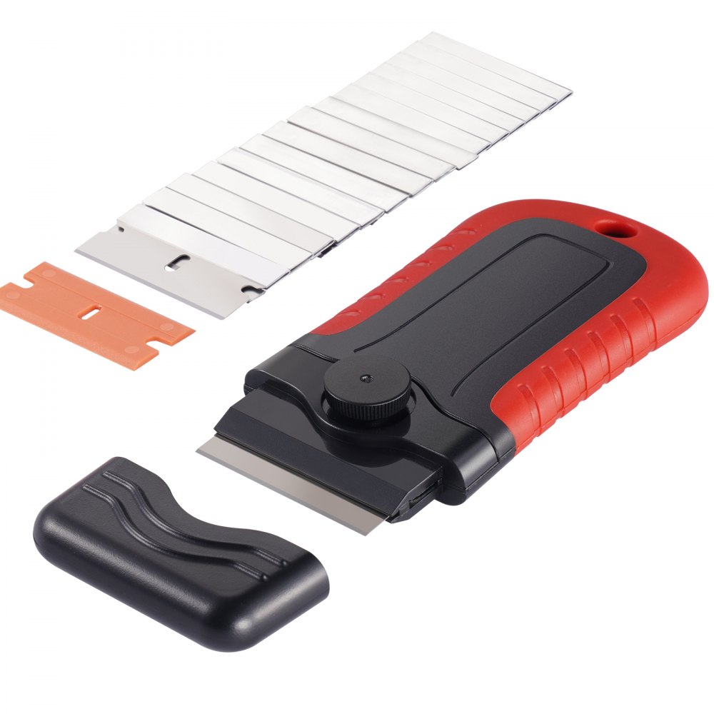 VEVOR Razor Blade Scraper with 15 + 1 Blades, Locking Scraper Tool with Safety Cap, Carbon Steel & POM Blades, for Removing Labels, Stickers, Decals, Black + Red