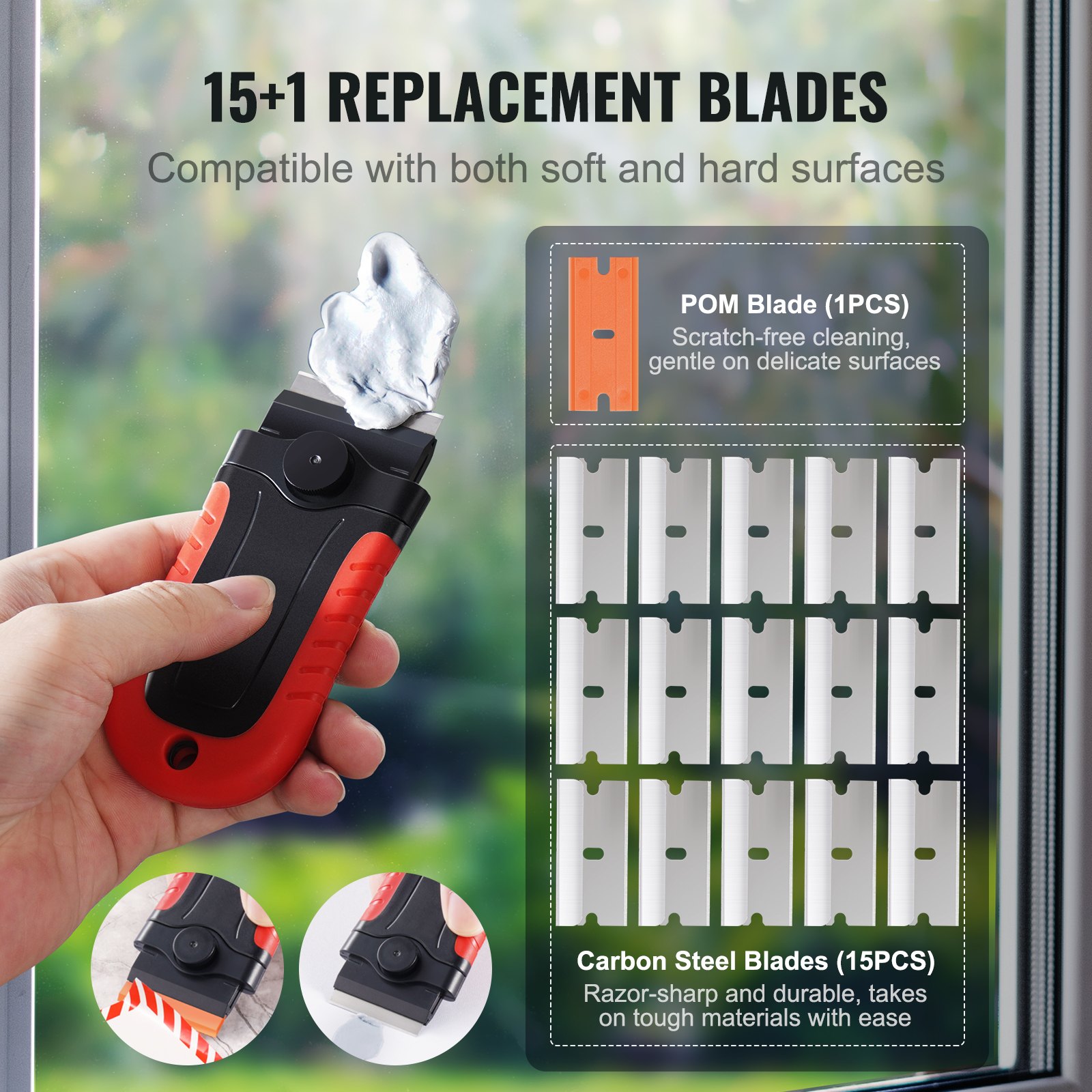 VEVOR Razor Blade Scraper with 15 + 1 Blades, Locking Scraper Tool with Safety Cap, Carbon Steel & POM Blades, for Removing Labels, Stickers, Decals, Black + Red