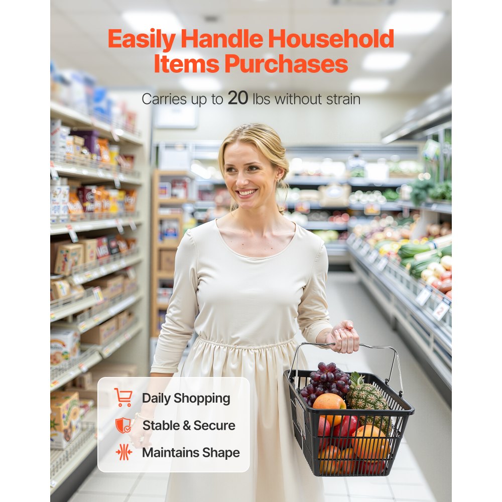 VEVOR Plastica Cestini per la Spesa Impilabili in Plastica PE da 21 Litri con Manici, Portatili per Generi Alimentari, Negozi, Supermercati, Uso Domestico, Carico di 9,07 kg, 12 pz, Nero