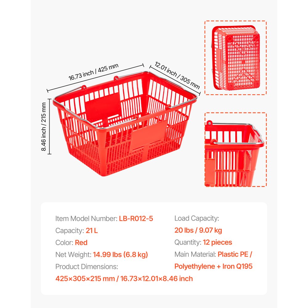 VEVOR Set di Cestini Spesa Plastica Cestini per la Spesa Impilabili in Plastica PE da 21 Litri con Manici in Metallo, Portatili per Generi Alimentari, Negozi, Supermercati, Carico di 9,07 kg, 12 pz