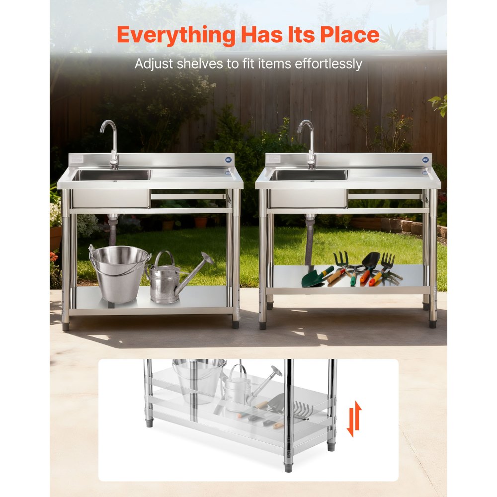 VEVOR Lavandino Mobile da Cucina 1000 x 500 x 940 mm, Vasca Singola con Rubinetto e Ripiano, Lavello da Cucina per Garage, Ristorante, Lavanderia, Lavabo da Esterno con Piano di Lavoro Destra