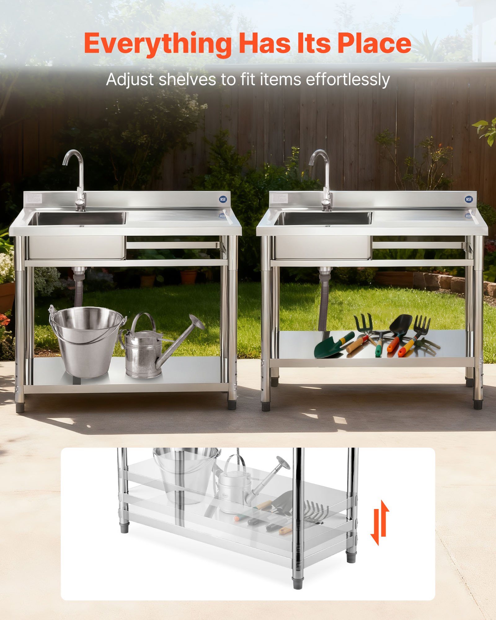 VEVOR Lavandino Mobile da Cucina 1000 x 500 x 940 mm, Vasca Singola con Rubinetto e Ripiano, Lavello da Cucina per Garage, Ristorante, Lavanderia, Lavabo da Esterno con Piano di Lavoro Destra