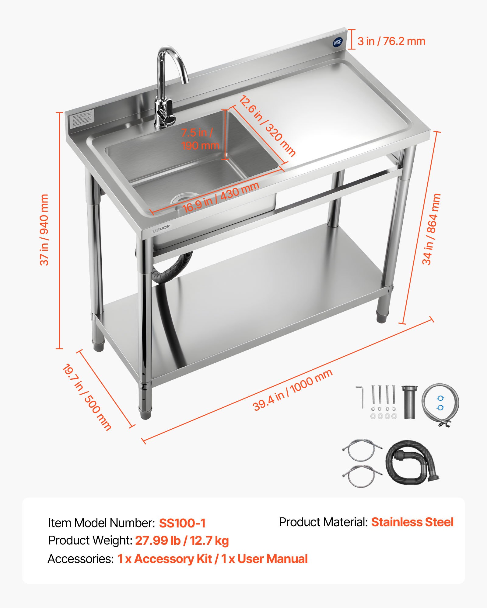 VEVOR Lavandino Mobile da Cucina 1000 x 500 x 940 mm, Vasca Singola con Rubinetto e Ripiano, Lavello da Cucina per Garage, Ristorante, Lavanderia, Lavabo da Esterno con Piano di Lavoro Destra
