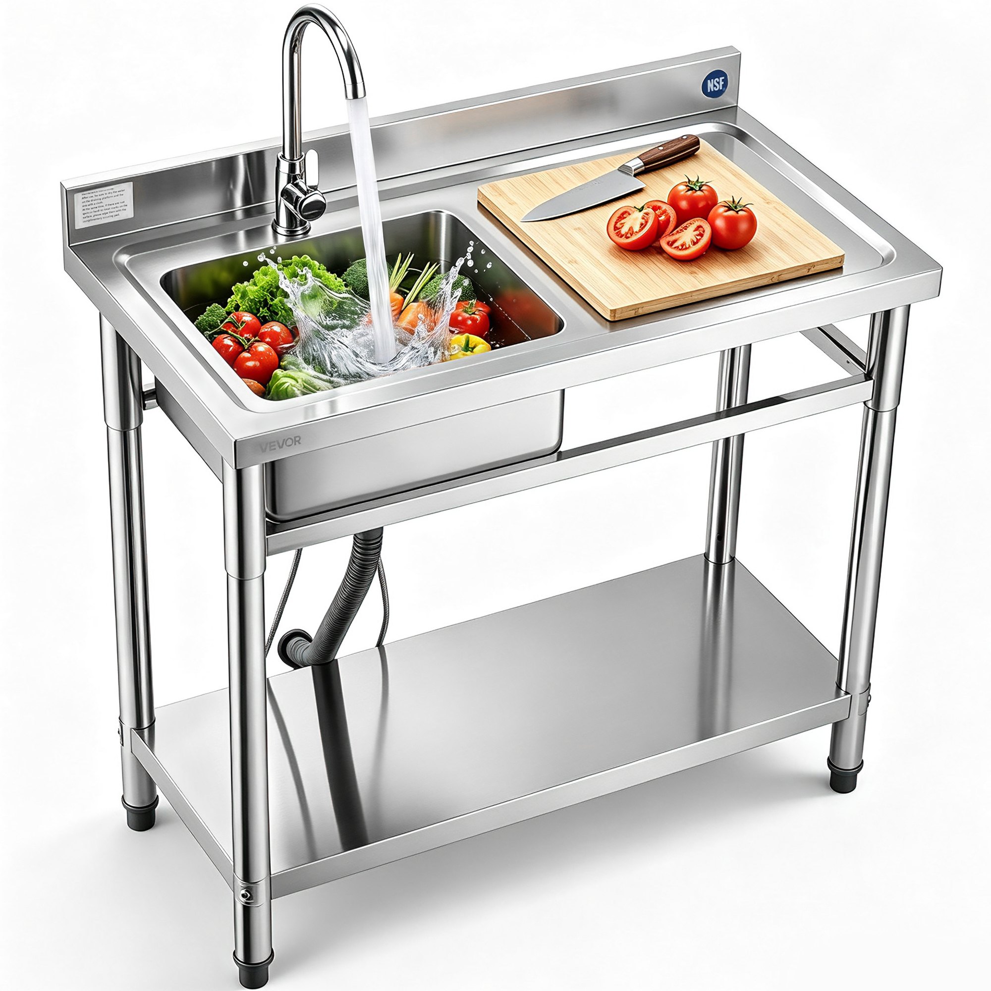 VEVOR Lavandino Mobile da Cucina 1000 x 500 x 940 mm, Vasca Singola con Rubinetto e Ripiano, Lavello da Cucina per Garage, Ristorante, Lavanderia, Lavabo da Esterno con Piano di Lavoro Destra