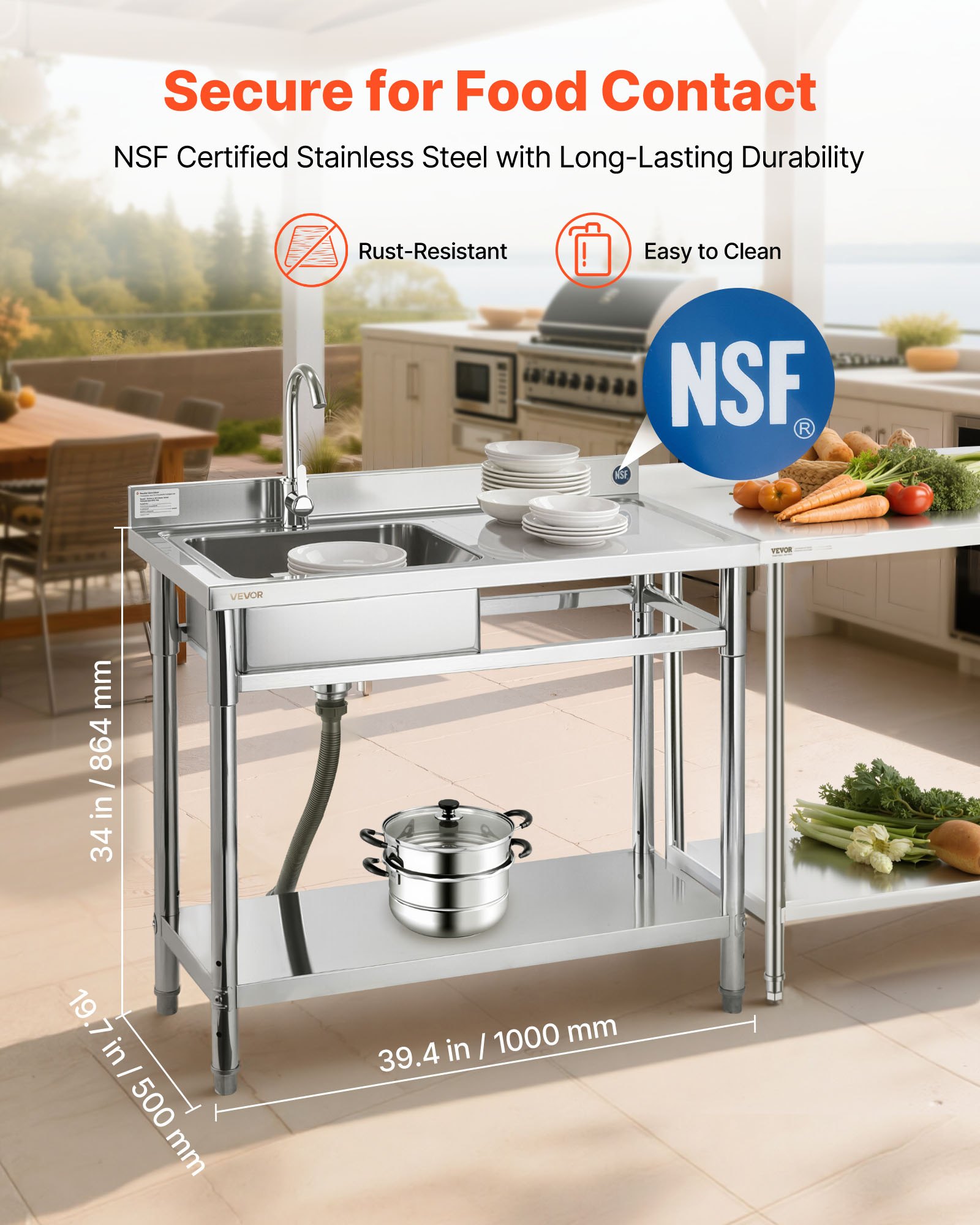 VEVOR Lavandino Mobile da Cucina 1000 x 500 x 940 mm, Vasca Singola con Rubinetto e Ripiano, Lavello da Cucina per Garage, Ristorante, Lavanderia, Lavabo da Esterno con Piano di Lavoro Destra