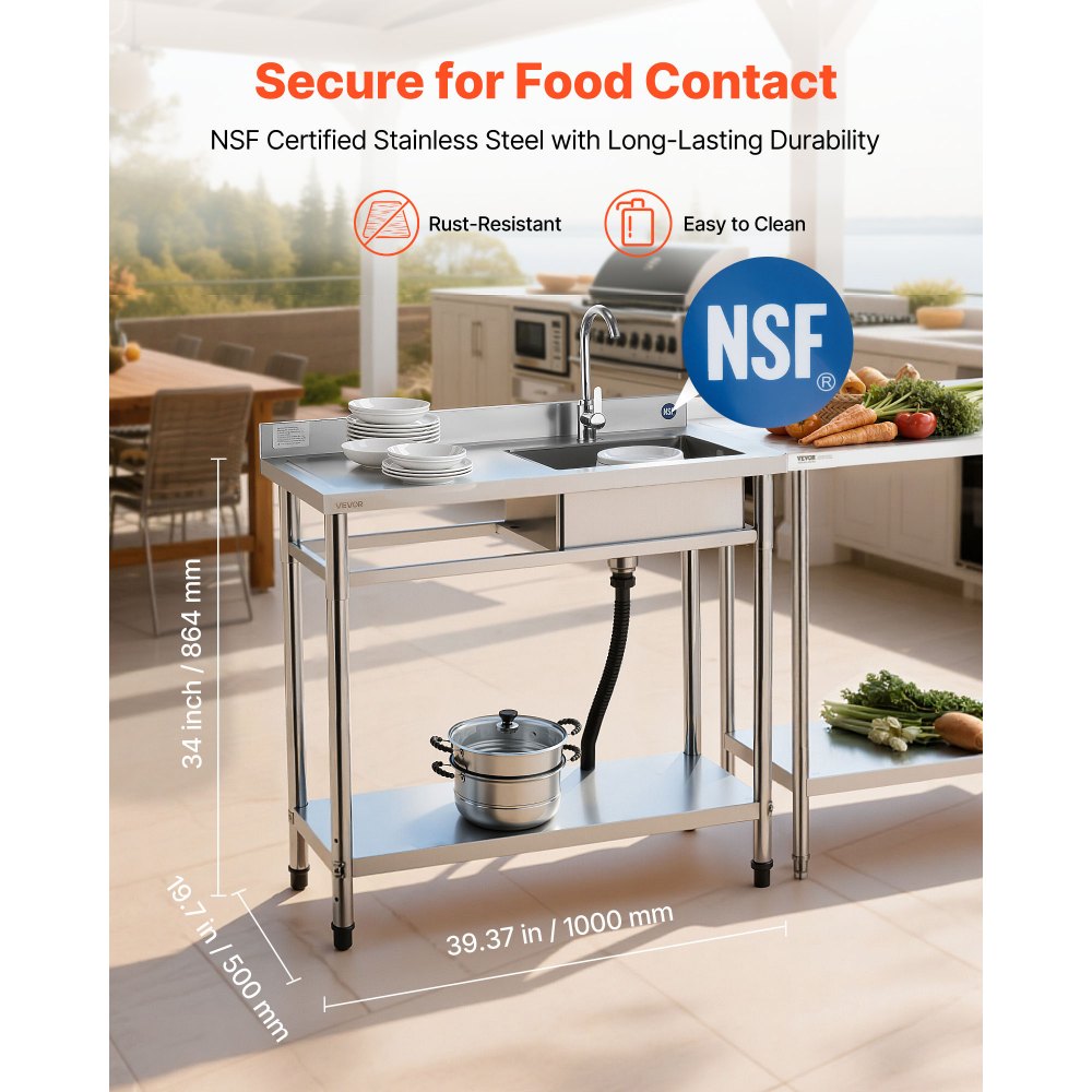 VEVOR Lavello in Acciaio Inox 100 x 50 x 94 cm, Vasca Singola con Rubinetto e Ripiano, Lavello da Cucina per Garage, Ristorante, Lavanderia, Lavabo da Esterno con Piano di Lavoro Sinistra