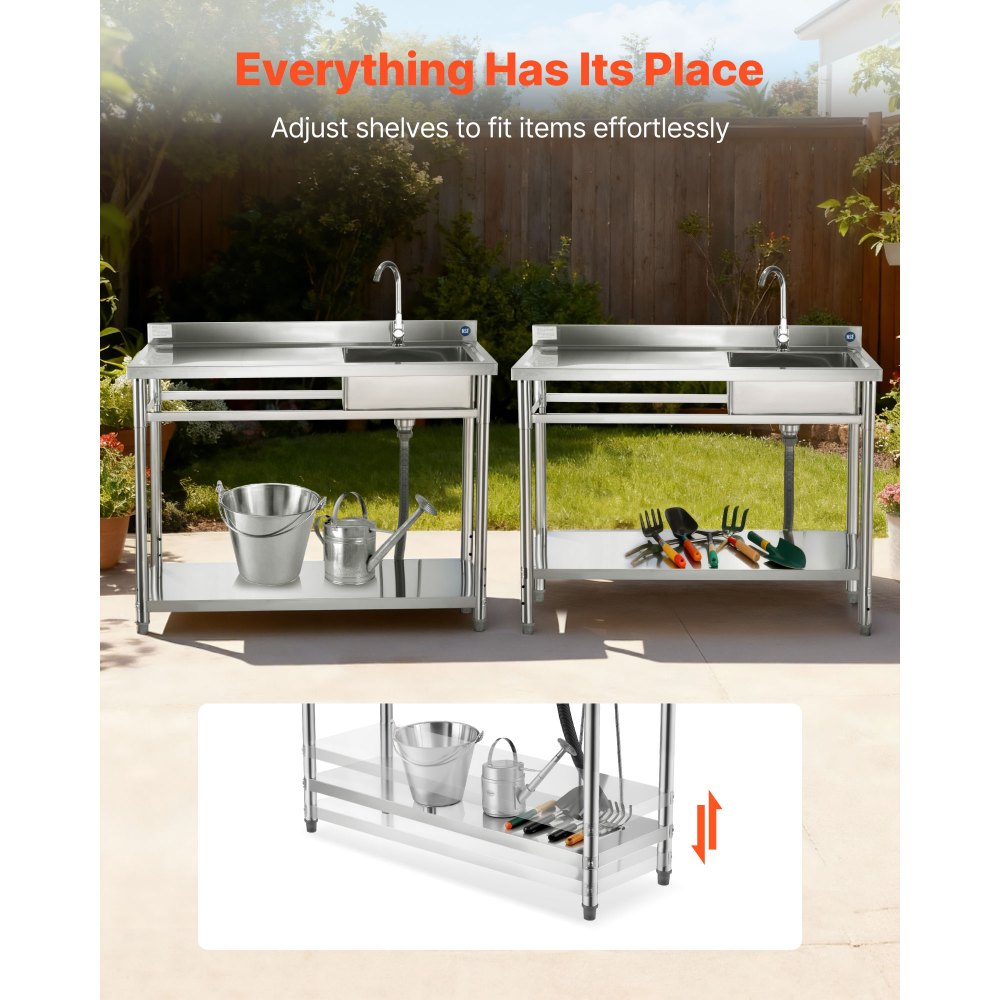 VEVOR Lavandino Mobile da Cucina 1200 x 500 x 940 mm, Vasca Singola con Rubinetto e Ripiano, Lavello da Cucina per Garage, Ristorante, Lavanderia, Lavabo da Esterno con Piano di Lavoro Sinistra