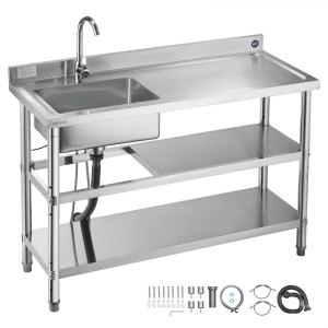 VEVOR Lavandino Mobile Da Cucina, 1000x500x1055 Mm, Vasca Singola Con Rubinetto, Ruote, Piano Di Lavoro A Sinistra, Per Garage E Ristorante