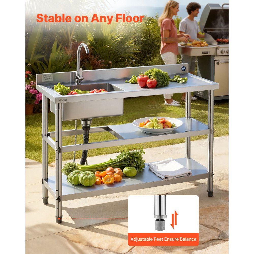 VEVOR Lavandino Mobile da Cucina 1200 x 500 x 940 mm, Vasca Singola con Rubinetto e 2 Vani Portaoggetti, Lavello da Cucina per Garage, Ristorante, Lavabo da Esterno con Piano di Lavoro Destra