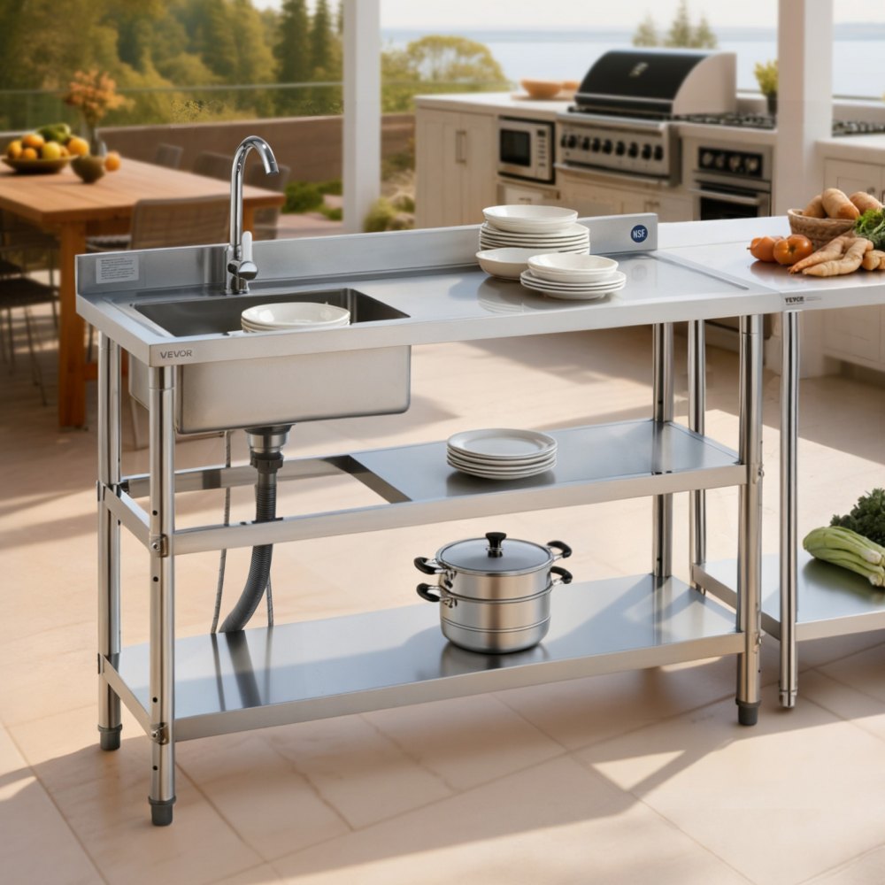 VEVOR Lavandino Mobile da Cucina 1200 x 500 x 940 mm, Vasca Singola con Rubinetto e 2 Vani Portaoggetti, Lavello da Cucina per Garage, Ristorante, Lavabo da Esterno con Piano di Lavoro Destra