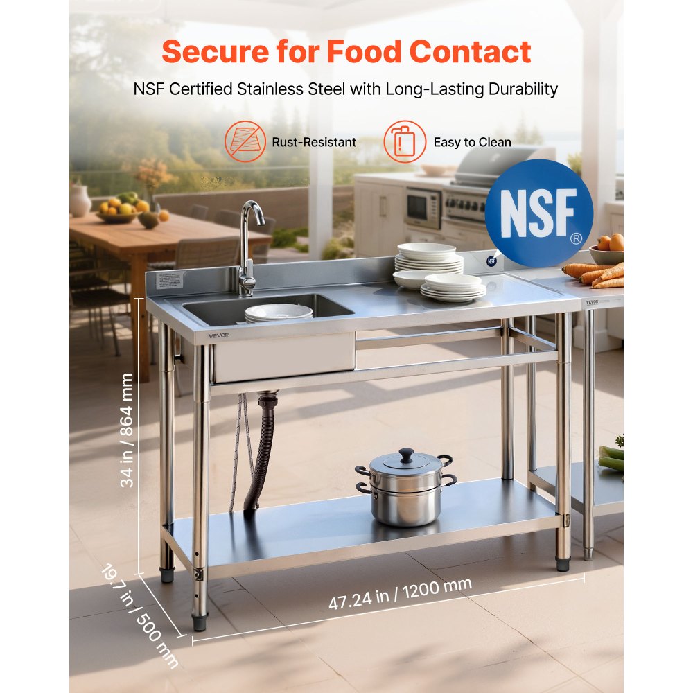 VEVOR Lavandino Mobile da Cucina 1200 x 500 x 940 mm, Vasca Singola con Rubinetto e Ripiano, Lavello da Cucina per Garage, Ristorante, Lavanderia, Lavabo da Esterno con Piano di Lavoro Destra