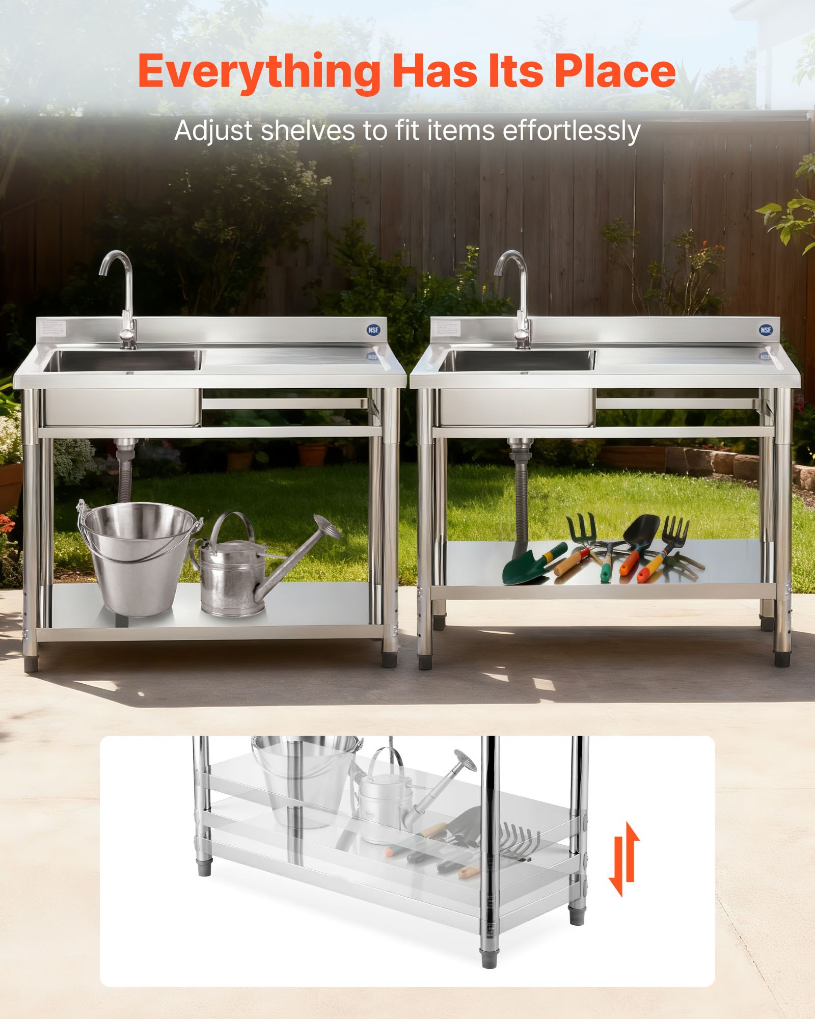 VEVOR Lavandino Mobile da Cucina 1200 x 500 x 940 mm, Vasca Singola con Rubinetto e Ripiano, Lavello da Cucina per Garage, Ristorante, Lavanderia, Lavabo da Esterno con Piano di Lavoro Destra