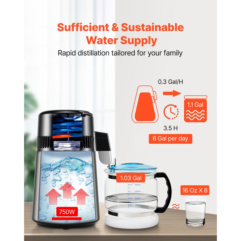 VEVOR Distillatore d'Acqua Volume da 3,9 L, Velocità di Distillazione 1L / H in Acciaio Inox 304 e Vetro, Distillatore Colore d'Argento, Uso per Uffici, Case, Laboratori, Ospedali, Studi Dentistici