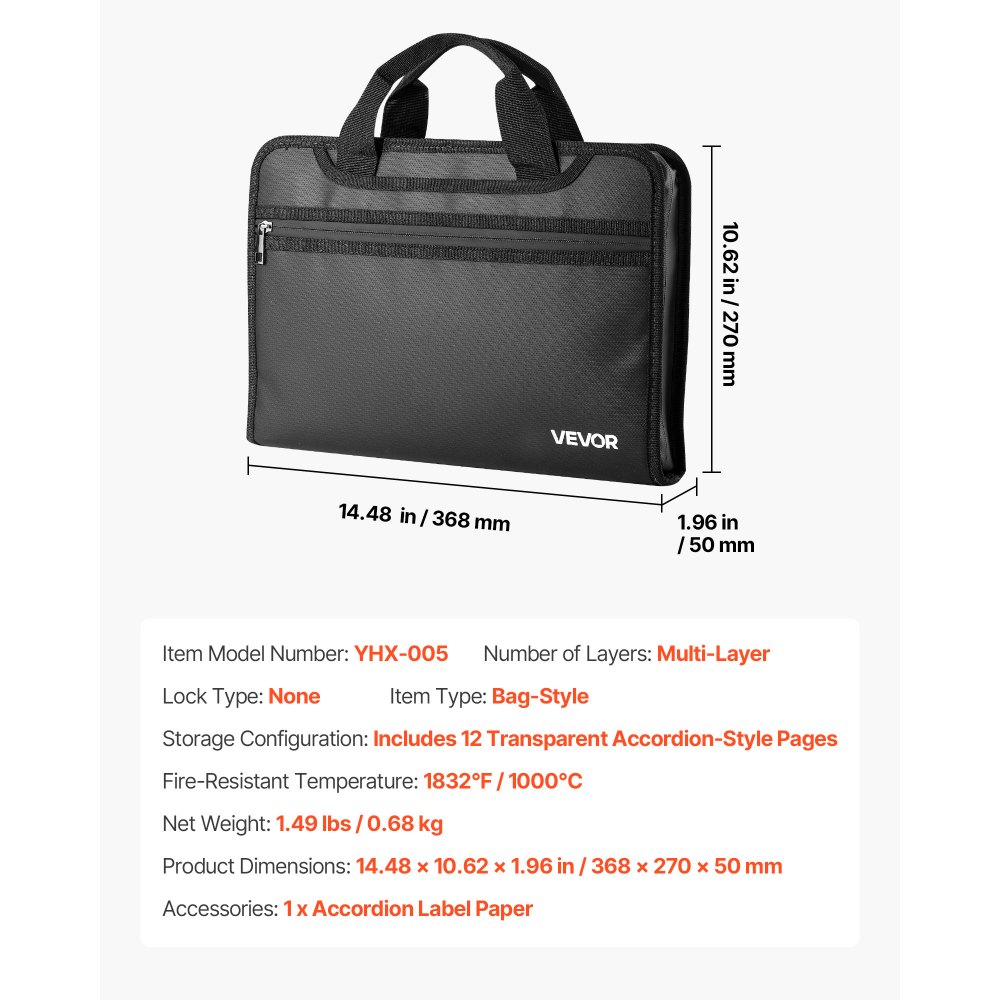 VEVOR Borsa Portadocumenti Ignifuga, Borsa Termoisolante Ignifuga e Impermeabile da 1000°C, Scatola Ignifuga Portatile Multistrato per Sicurezza di Documenti, Ufficio e Viaggi, per Passaporti