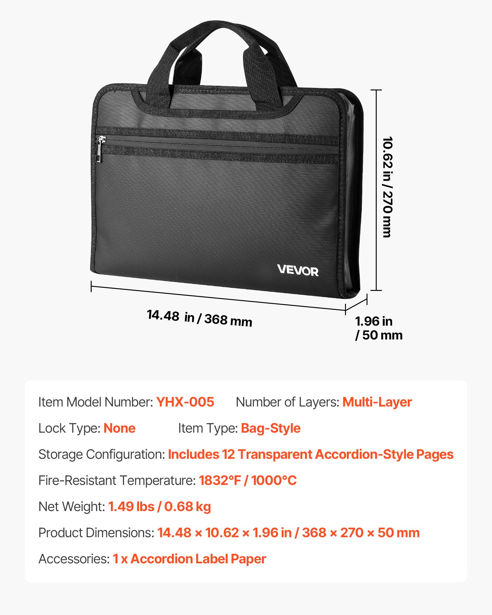 VEVOR Borsa Portadocumenti Ignifuga, Borsa Termoisolante Ignifuga e Impermeabile da 1000°C, Scatola Ignifuga Portatile Multistrato per Sicurezza di Documenti, Ufficio e Viaggi, per Passaporti