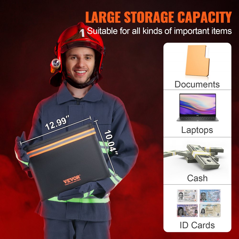 VEVOR Borsa Portadocumenti Ignifuga Impermeabile 330 x 255 x 10 mm Portatile Resistente alle Temperature Max. da 1093℃, Sacchetto Ignifugo per Documenti Passaporto Contanti Gioielli Scomparto Doppio