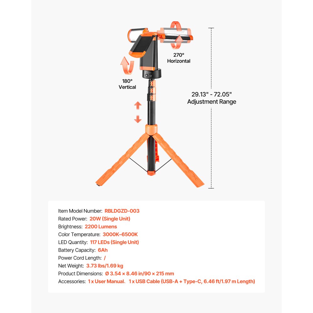 VEVOR LED Work Light with Stand, 6Ah, Rechargeable Cordless Camping Light, with 3 Lamp Heads, Detachable Tripod Stand, 2200 Lumens 3000K-6500K Dimmable, Portable Construction Lighting for Job Site