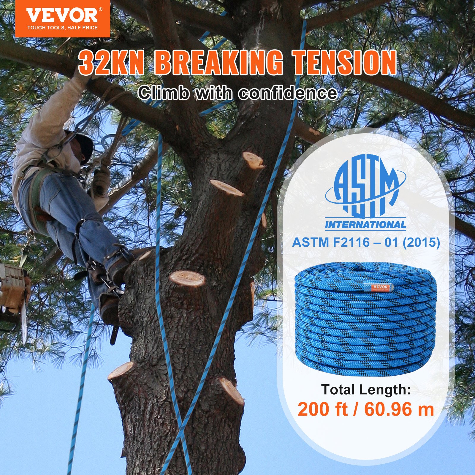 VEVOR 12.7 mm static climbing rope, 60.9 m (200 ft) outdoor climbing rope, 30 kN breaking strength, fiber rope for escape, rappelling, fire rescue, blue