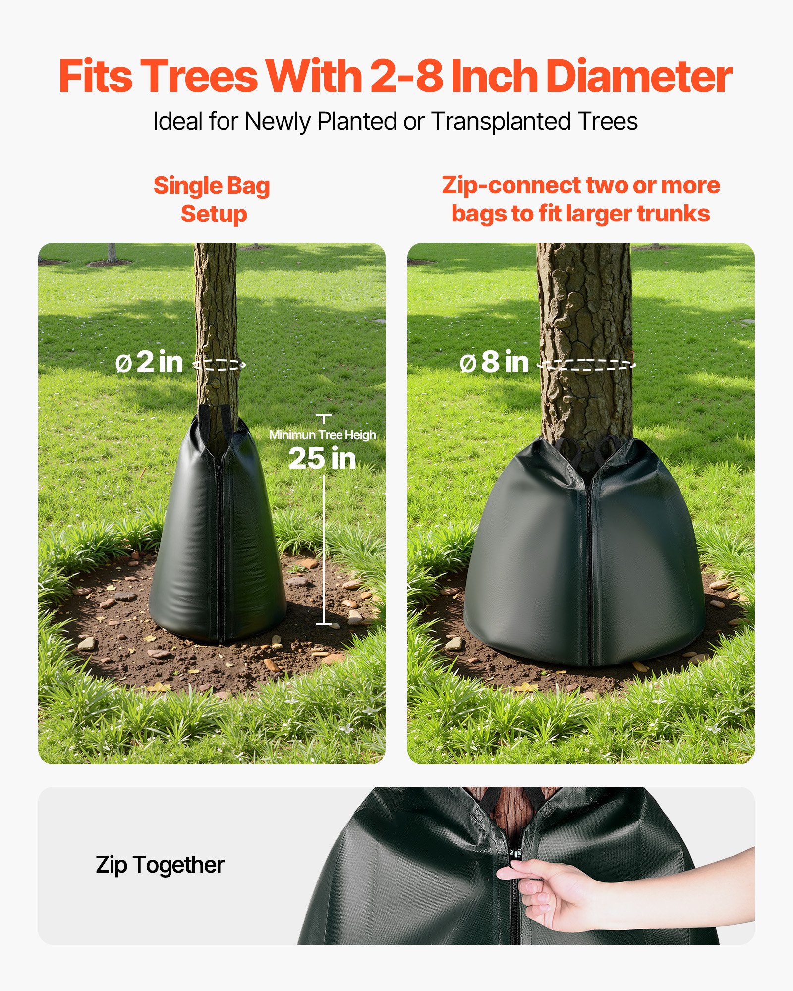 VEVOR Set di Sacco per Irrigazione di Alberi Confezione da 8 pezzi, Sacchi per Irrigazione Alberi a Goccia 3-4 Ore da Giardino Cortile Capienza ca. 75,7 Litri Materiale in PE 190 g/m² con Cerniera