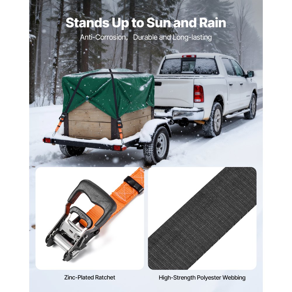 VEVOR Cinghie di Fissaggio Resistenti da 38,1 mm x 1,8 m con Moschettoni, Resistenza alla Rottura di 1100 kg, Borsa per il Trasporto, per Traslochi, Rimorchi, Motociclette, Kayak, Confezione da 2