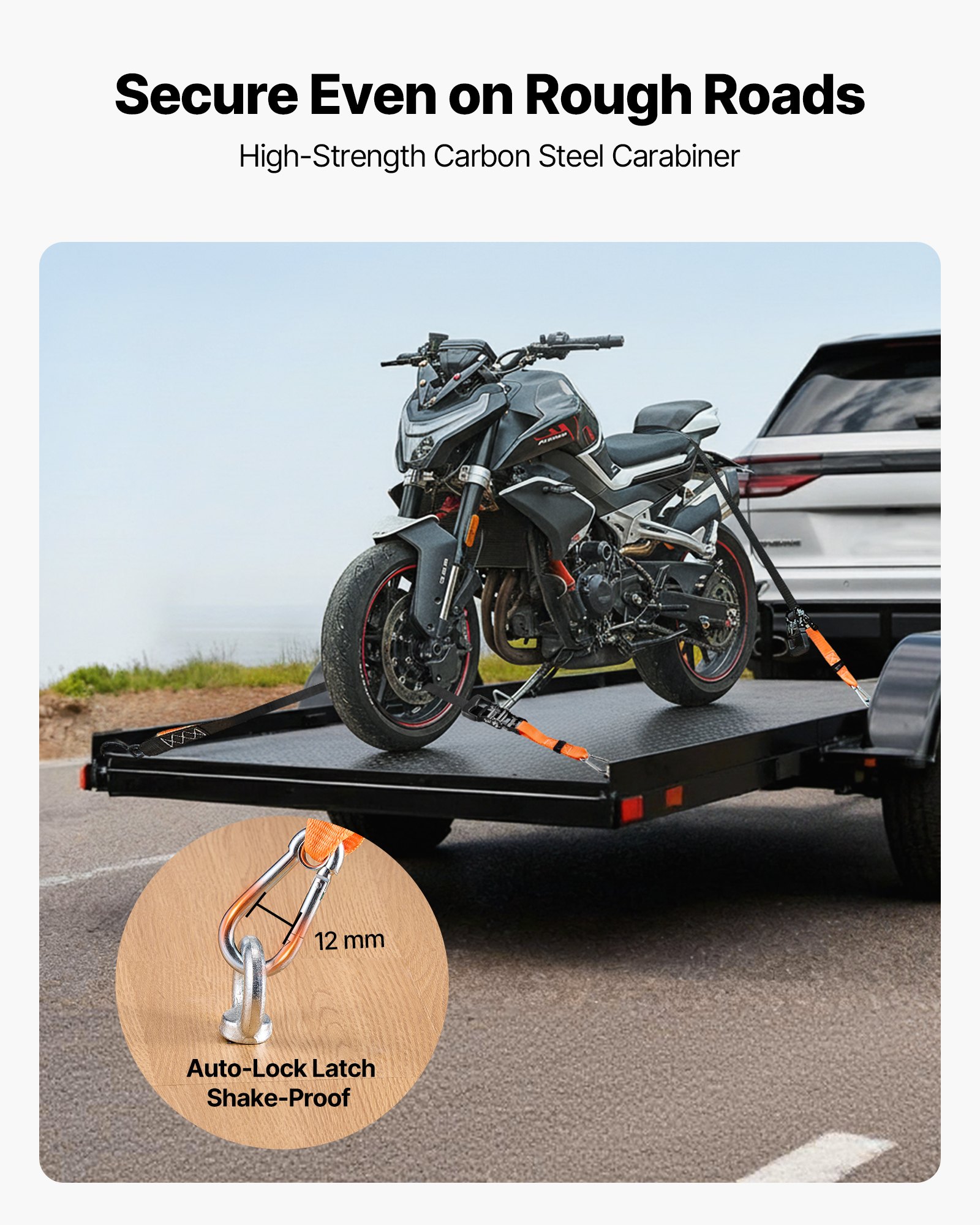 VEVOR Cinghie di Fissaggio Resistenti da 38,1 mm x 1,8 m con Moschettoni, Resistenza alla Rottura di 1100 kg, Borsa per il Trasporto, per Traslochi, Rimorchi, Motociclette, Kayak, Confezione da 2