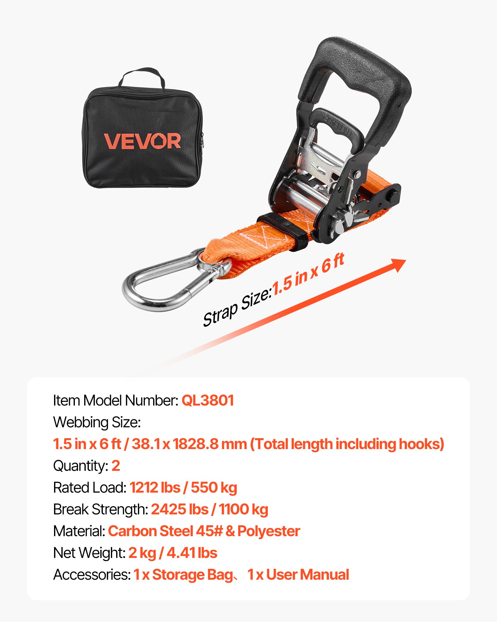 VEVOR Cinghie di Fissaggio Resistenti da 38,1 mm x 1,8 m con Moschettoni, Resistenza alla Rottura di 1100 kg, Borsa per il Trasporto, per Traslochi, Rimorchi, Motociclette, Kayak, Confezione da 2